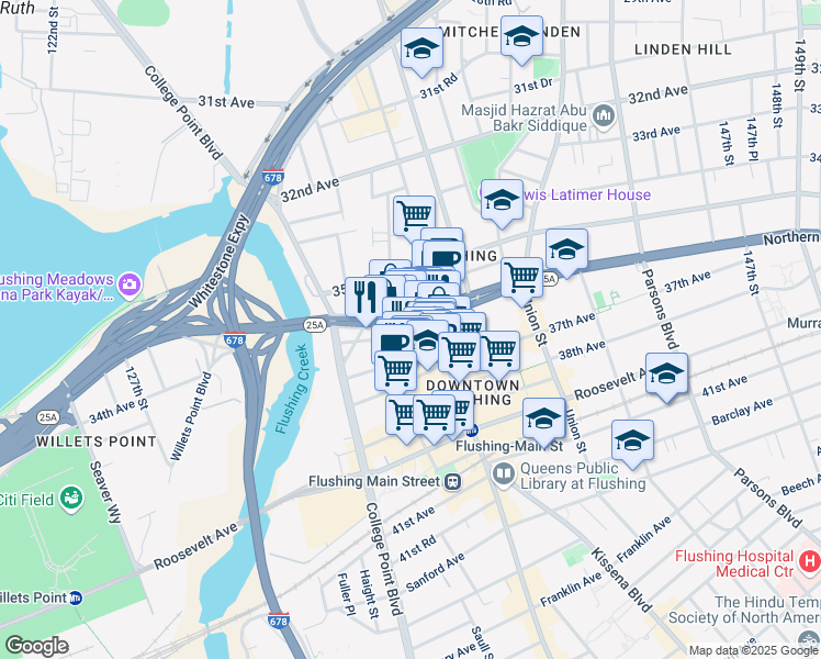 map of restaurants, bars, coffee shops, grocery stores, and more near 13502 Northern Boulevard in Queens
