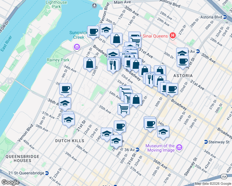 map of restaurants, bars, coffee shops, grocery stores, and more near 21-25 34th Avenue in Queens