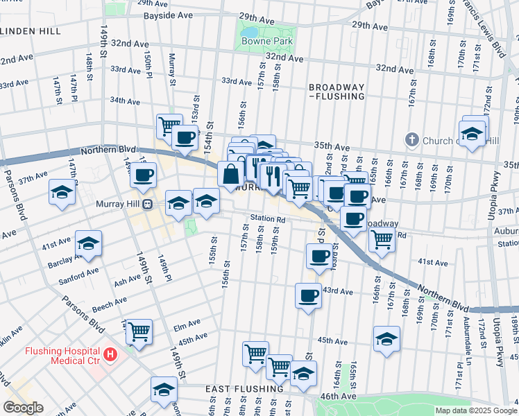 map of restaurants, bars, coffee shops, grocery stores, and more near 40-32 158th Street in Queens