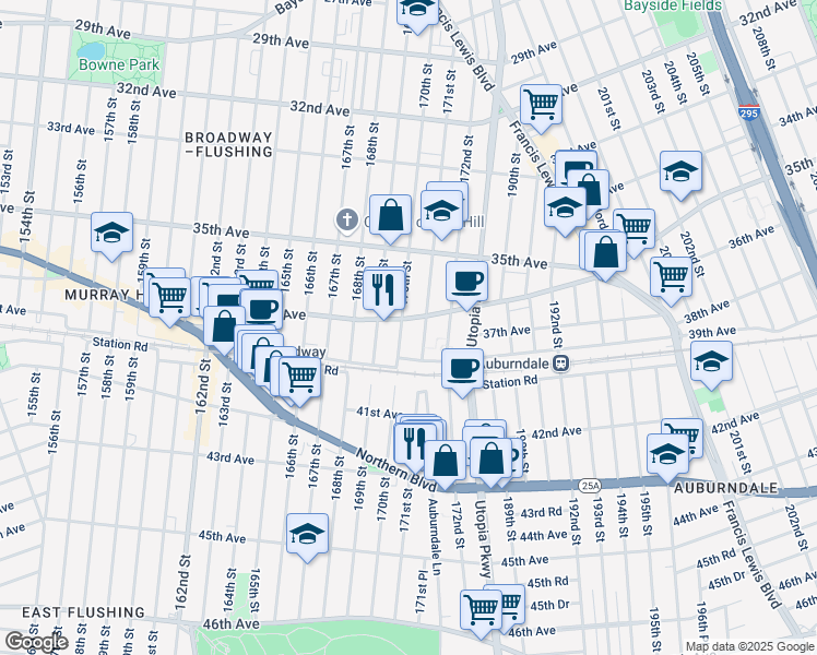 map of restaurants, bars, coffee shops, grocery stores, and more near 36-4 171st Street in Queens