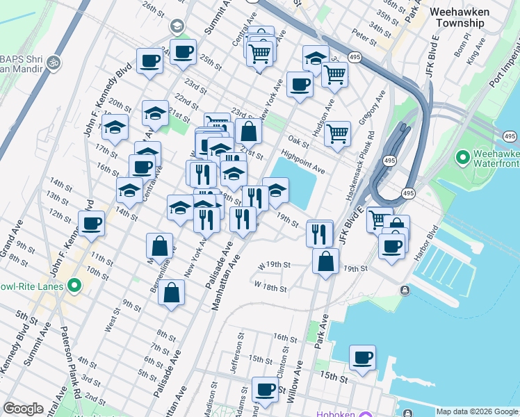 map of restaurants, bars, coffee shops, grocery stores, and more near 184 19th Street in Union City