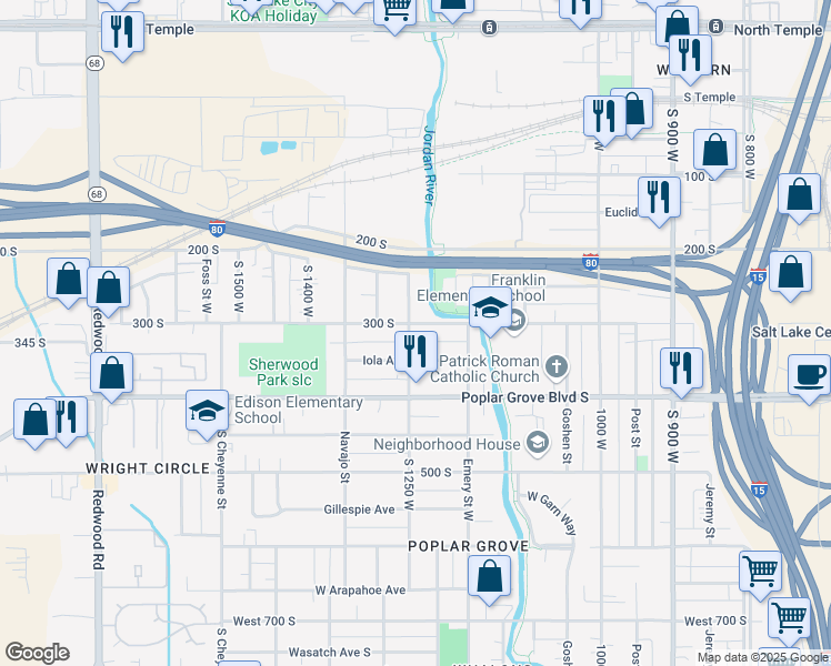 map of restaurants, bars, coffee shops, grocery stores, and more near 1237 West 300 South in Salt Lake City
