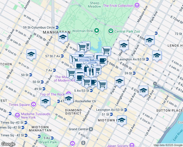 map of restaurants, bars, coffee shops, grocery stores, and more near 12 West 56th Street in New York