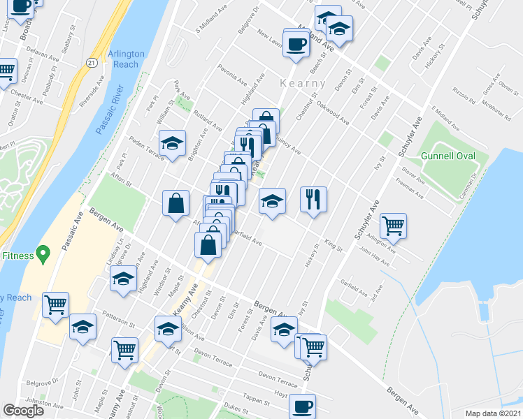 map of restaurants, bars, coffee shops, grocery stores, and more near 359 Devon Street in Kearny