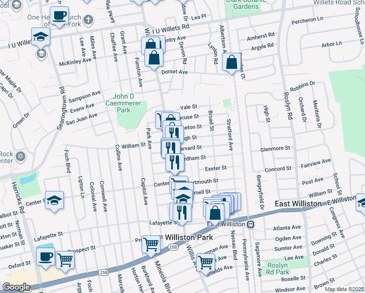 map of restaurants, bars, coffee shops, grocery stores, and more near 25 Harvard Street in Williston Park