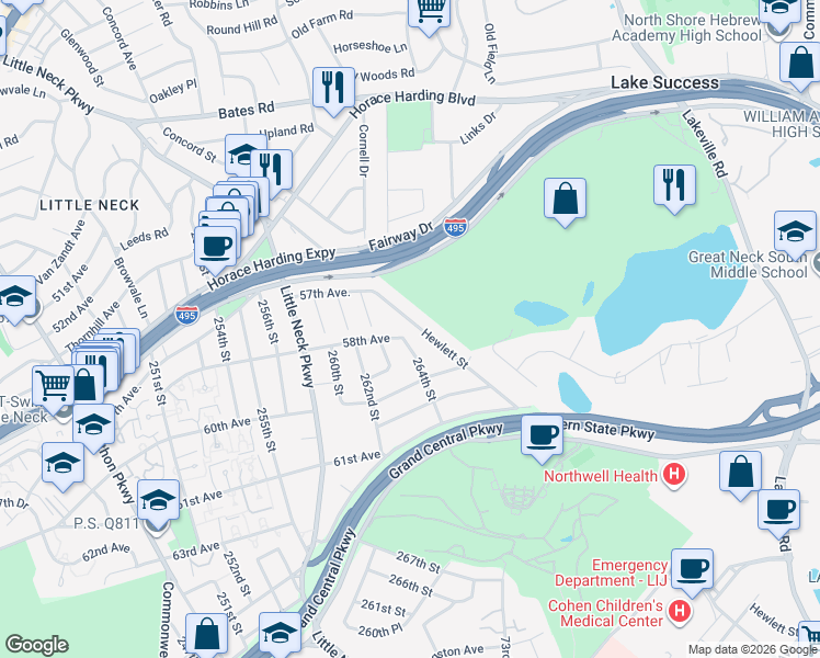 map of restaurants, bars, coffee shops, grocery stores, and more near 57-54 Hewlett Street in Queens
