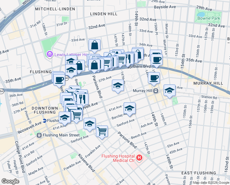 map of restaurants, bars, coffee shops, grocery stores, and more near 144-44 38th Avenue in Queens
