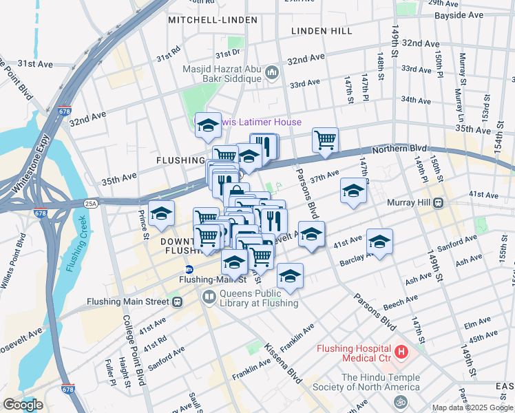 map of restaurants, bars, coffee shops, grocery stores, and more near 37-08 Bowne Street in Queens