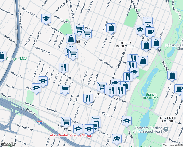 map of restaurants, bars, coffee shops, grocery stores, and more near 180 North 12th Street in Newark