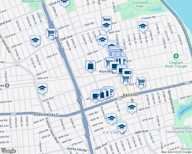 map of restaurants, bars, coffee shops, grocery stores, and more near 41-23 Corporal Kennedy Street in Queens