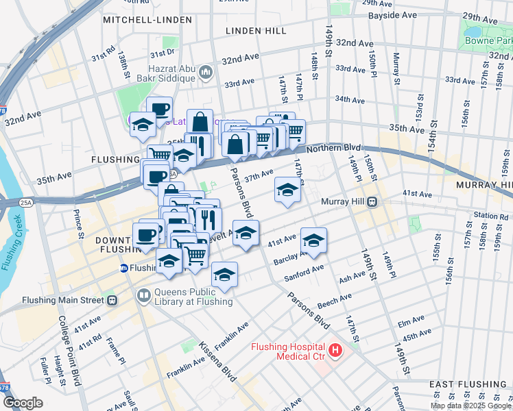 map of restaurants, bars, coffee shops, grocery stores, and more near 144-02 38th Avenue in Queens