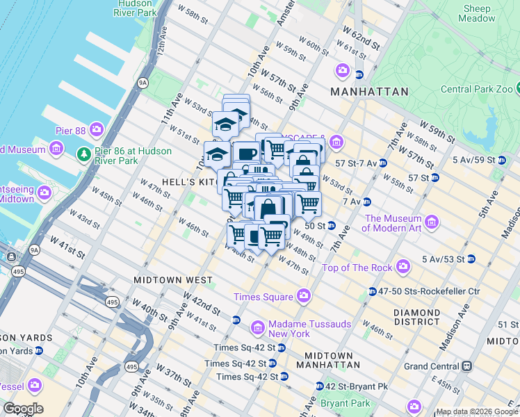 map of restaurants, bars, coffee shops, grocery stores, and more near 355 West 49th Street in New York