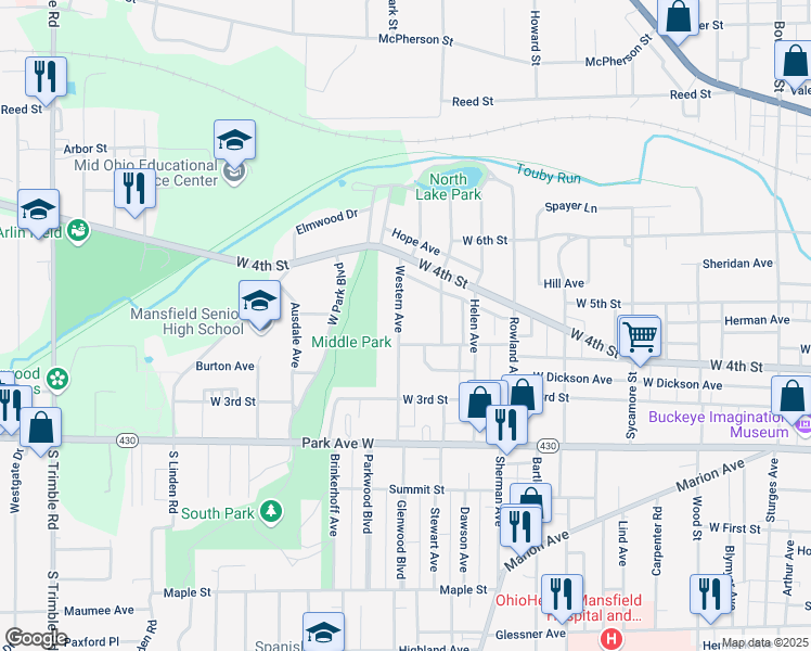 map of restaurants, bars, coffee shops, grocery stores, and more near 134 Western Avenue in Mansfield
