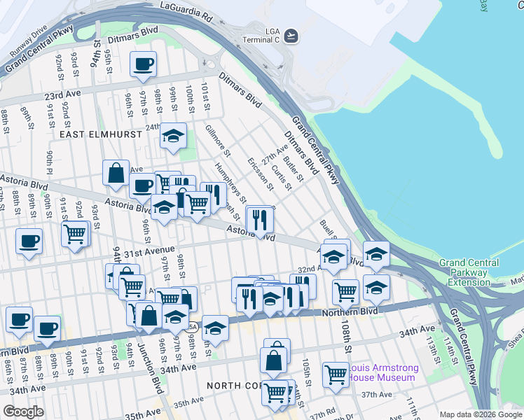 map of restaurants, bars, coffee shops, grocery stores, and more near 103-13 29th Avenue in Queens