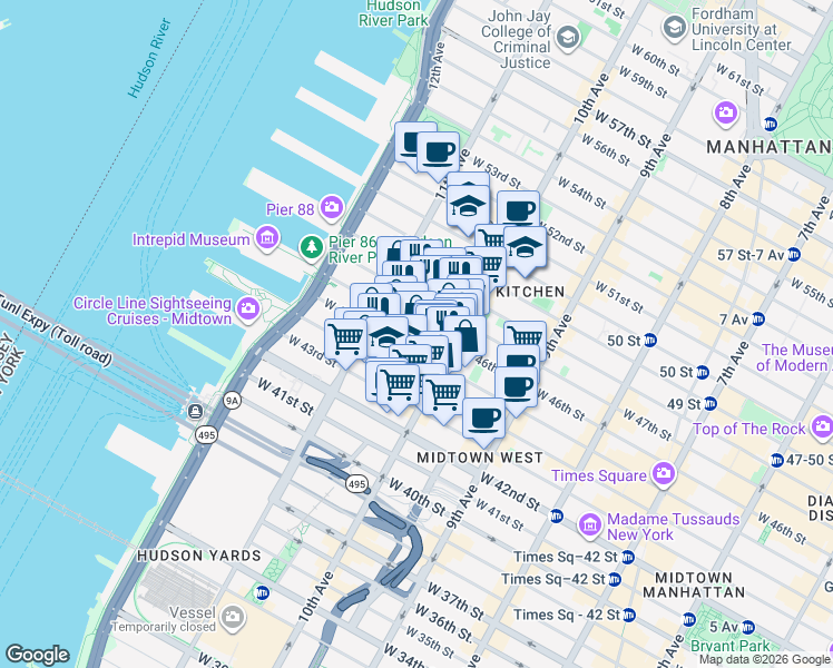 map of restaurants, bars, coffee shops, grocery stores, and more near 532 West 46th Street in New York
