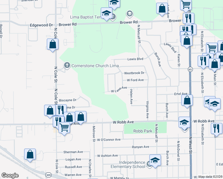 map of restaurants, bars, coffee shops, grocery stores, and more near 764 West Lane Avenue in Lima