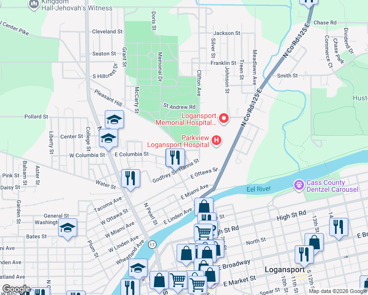 map of restaurants, bars, coffee shops, grocery stores, and more near 1108 Pleasant Hill in Logansport
