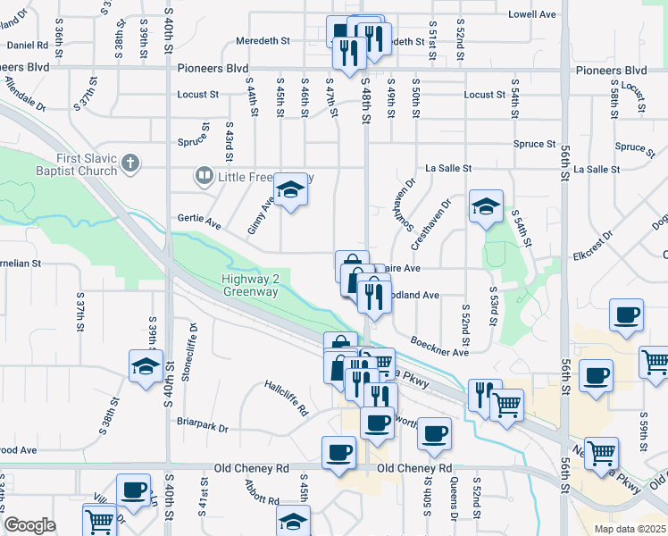 map of restaurants, bars, coffee shops, grocery stores, and more near 4631 Claire Avenue in Lincoln
