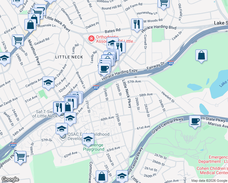 map of restaurants, bars, coffee shops, grocery stores, and more near 57-21 255th Street in Queens