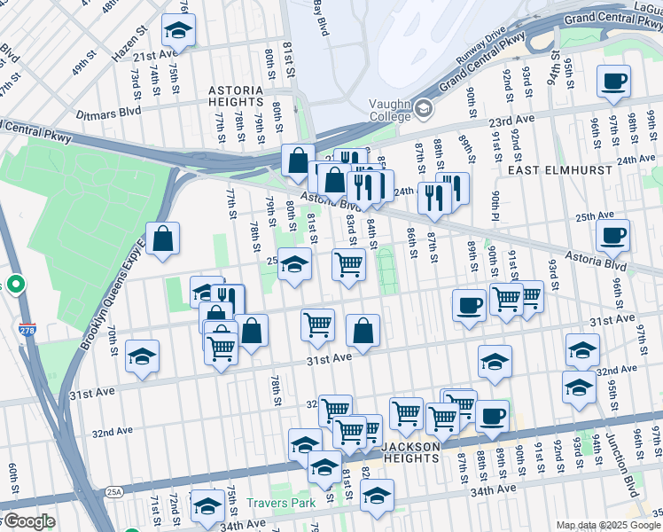 map of restaurants, bars, coffee shops, grocery stores, and more near 25-14 82nd Street in Queens