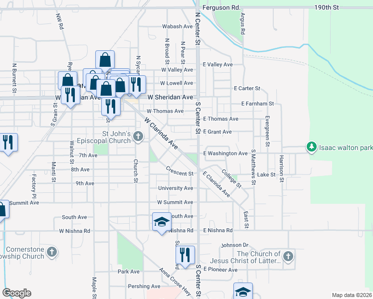 map of restaurants, bars, coffee shops, grocery stores, and more near 101-115 West Washington Avenue in Shenandoah