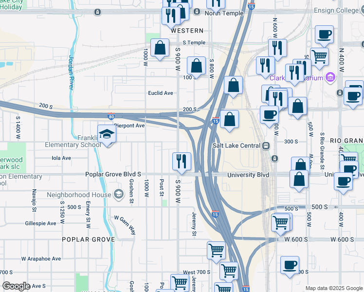 map of restaurants, bars, coffee shops, grocery stores, and more near 877 West 300 South in Salt Lake City