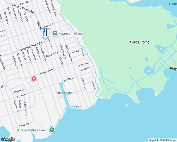 map of restaurants, bars, coffee shops, grocery stores, and more near 1 Elm Road East in Mastic Beach