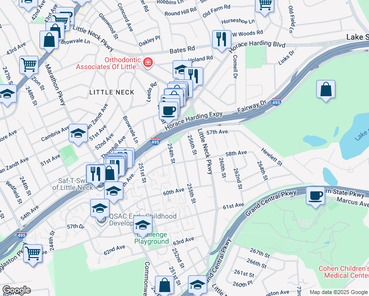 map of restaurants, bars, coffee shops, grocery stores, and more near 57-21 255th Street in Queens