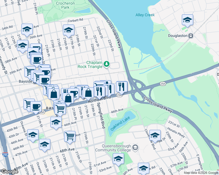 map of restaurants, bars, coffee shops, grocery stores, and more near 43-11 220th Place in Queens