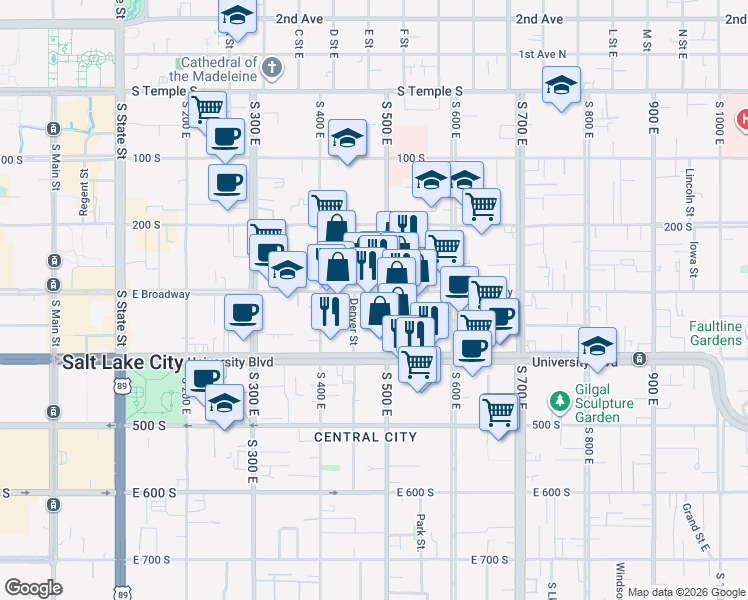 map of restaurants, bars, coffee shops, grocery stores, and more near 470 East 300 South in Salt Lake City