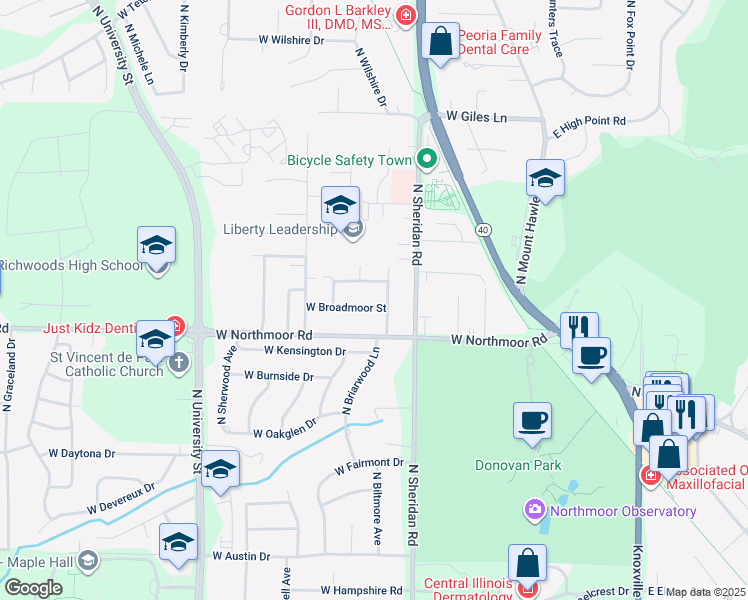 map of restaurants, bars, coffee shops, grocery stores, and more near 6125-6221 North Lexington Drive in Peoria