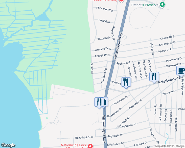 map of restaurants, bars, coffee shops, grocery stores, and more near Smith Road & Wellwood Drive in Shirley