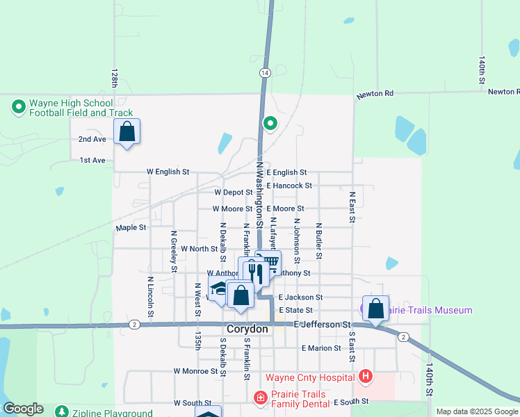 map of restaurants, bars, coffee shops, grocery stores, and more near 100 East Moore Street in Corydon