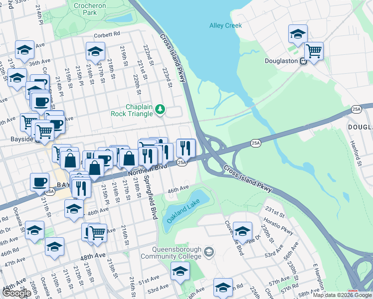 map of restaurants, bars, coffee shops, grocery stores, and more near 43-19 222nd Street in Queens