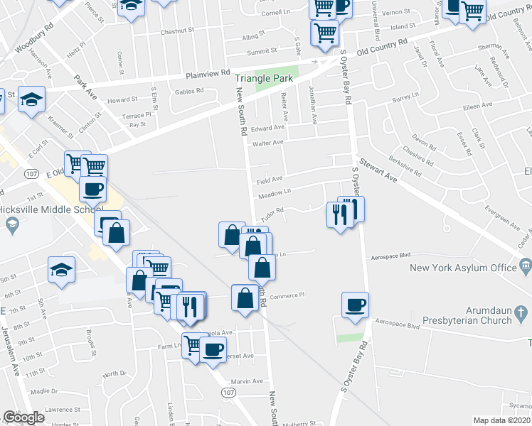 map of restaurants, bars, coffee shops, grocery stores, and more near 6 Tudor Road in Hicksville