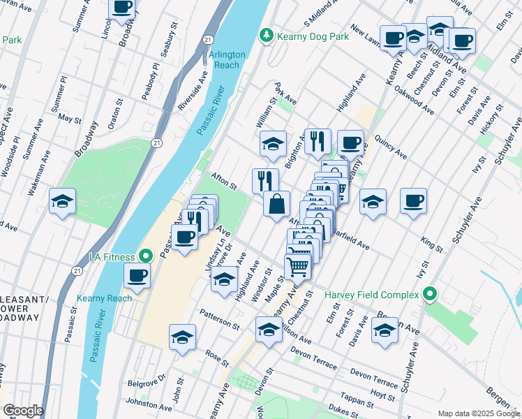 map of restaurants, bars, coffee shops, grocery stores, and more near 111 Brighton Ave in Kearny