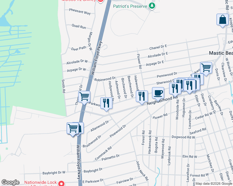 map of restaurants, bars, coffee shops, grocery stores, and more near 12 Ashwood Drive in Shirley