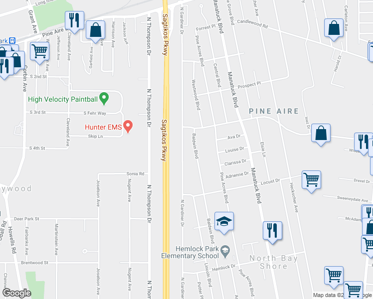 map of restaurants, bars, coffee shops, grocery stores, and more near 1639 North Gardiner Drive in Bay Shore