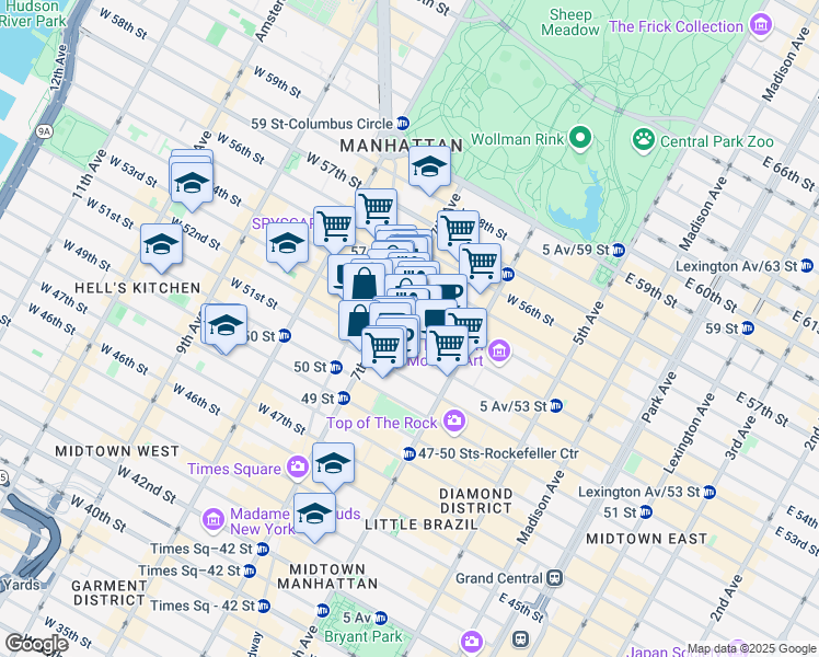 map of restaurants, bars, coffee shops, grocery stores, and more near 811 7th Avenue in New York