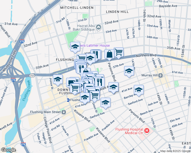 map of restaurants, bars, coffee shops, grocery stores, and more near 37-08 Bowne Street in Queens