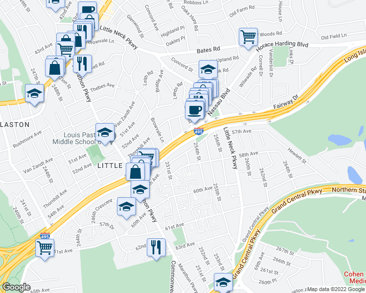 map of restaurants, bars, coffee shops, grocery stores, and more near 252-00 Horace Harding Expressway in Queens