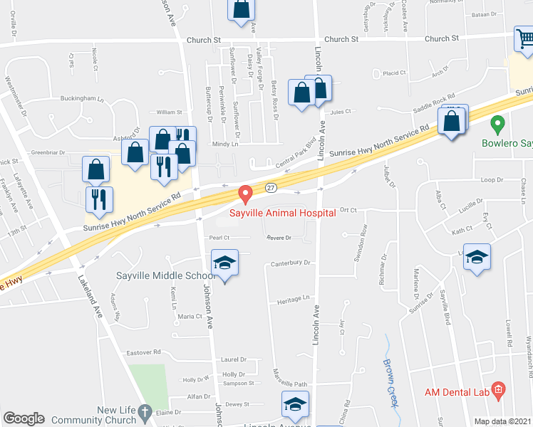map of restaurants, bars, coffee shops, grocery stores, and more near 128 Revere Drive in Sayville
