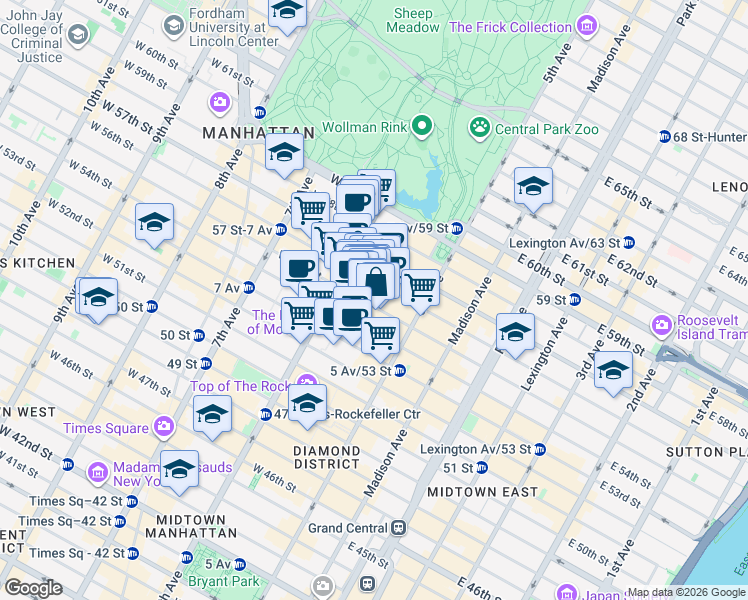 map of restaurants, bars, coffee shops, grocery stores, and more near 48 West 55th Street in New York