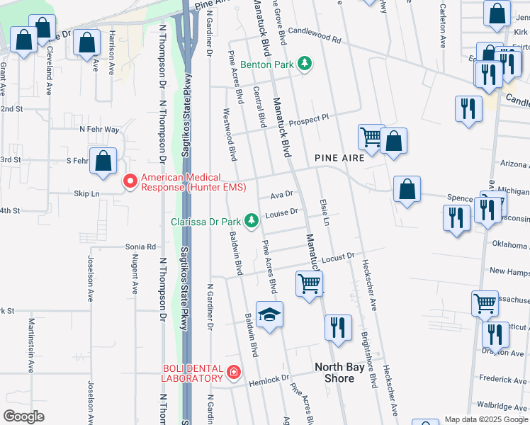 map of restaurants, bars, coffee shops, grocery stores, and more near 187 Louise Drive in Bay Shore