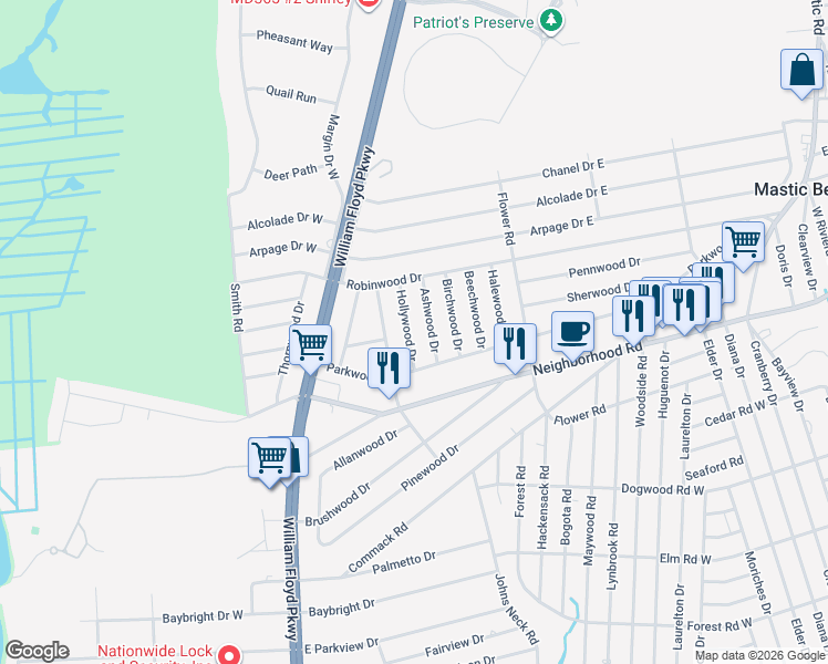 map of restaurants, bars, coffee shops, grocery stores, and more near 12 Ashwood Drive in Shirley