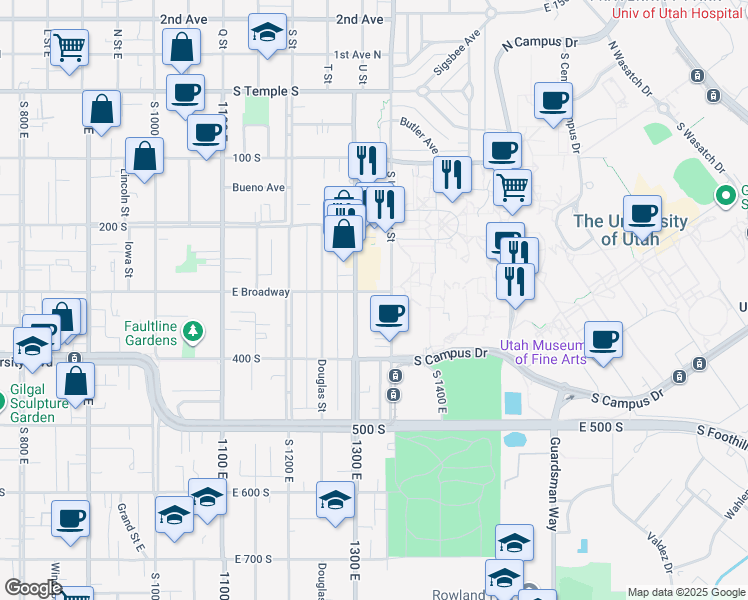 map of restaurants, bars, coffee shops, grocery stores, and more near 1318 East 300 South in Salt Lake City