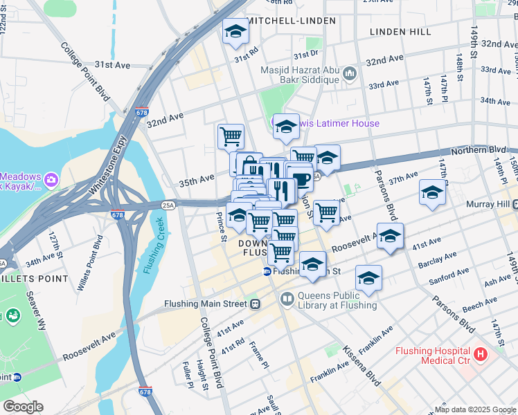 map of restaurants, bars, coffee shops, grocery stores, and more near 136-33 37th Avenue in Queens
