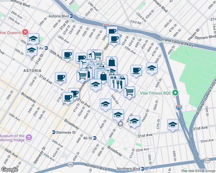 map of restaurants, bars, coffee shops, grocery stores, and more near 43-04 30th Avenue in Queens