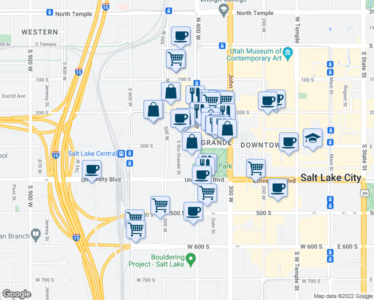 map of restaurants, bars, coffee shops, grocery stores, and more near 423 West 300 South in Salt Lake City