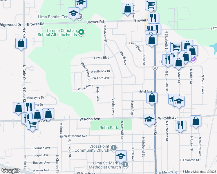 map of restaurants, bars, coffee shops, grocery stores, and more near 637 West Lane Avenue in Lima